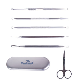 PMLAND 6 in 1 stainless steel blackhead extractor remover tool kit, Eyebrow scissors, included eyebrow clip with metal case.
