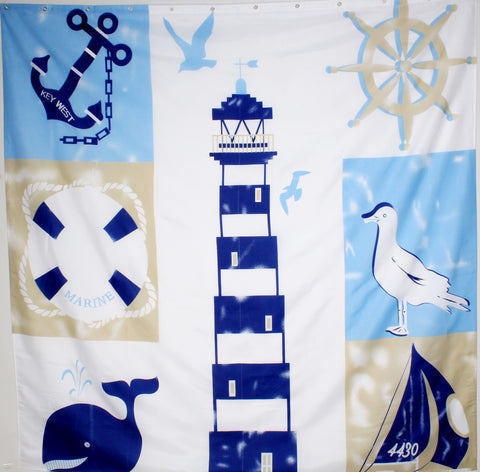 PMLAND nautical lighthouse fabric shower curtain with shower curtain hooks, 70x70 Inch